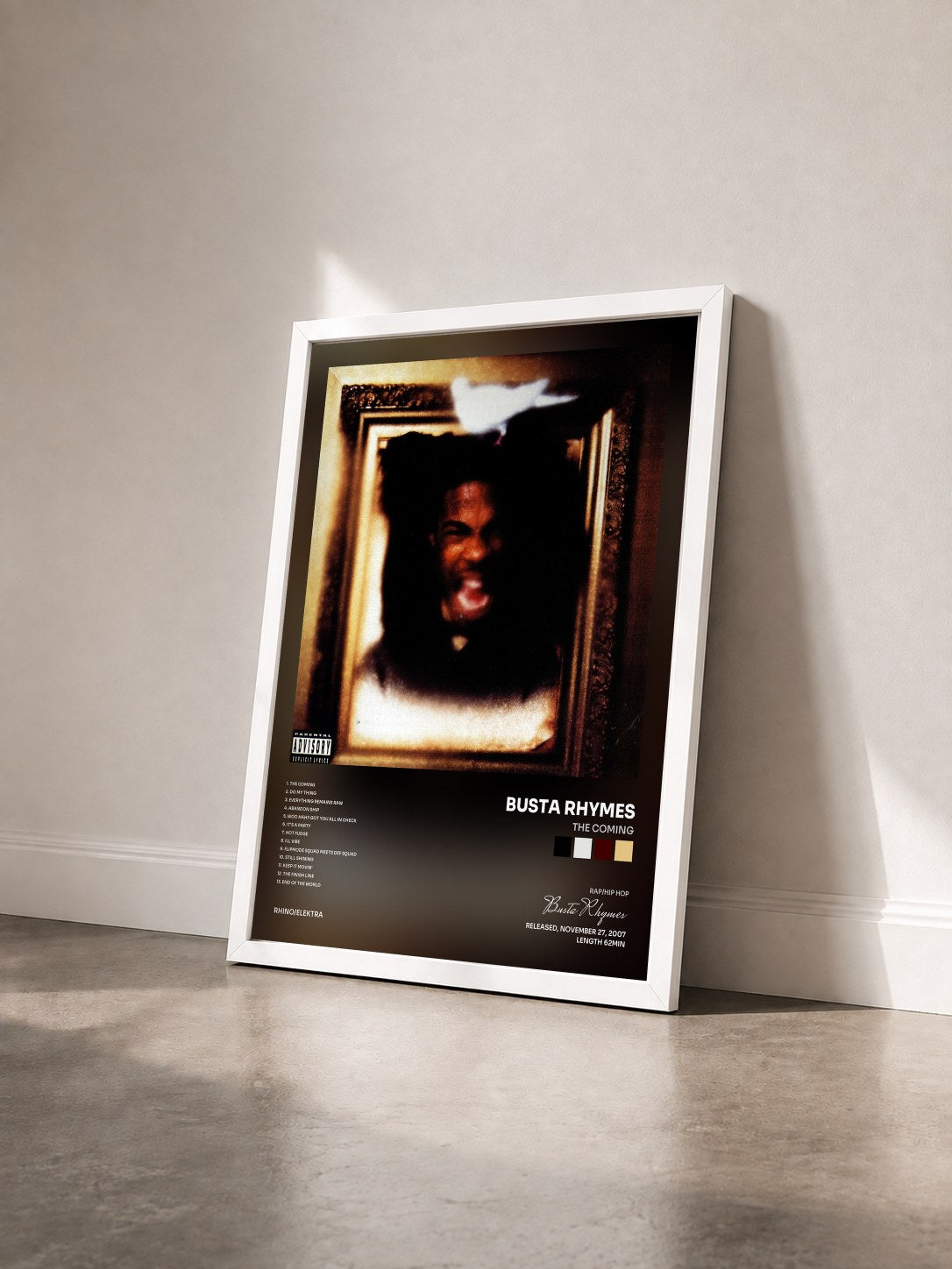#blanc Tableau de l'album The Coming de Busta Rhymes vu de trois quarts, cadre blanc