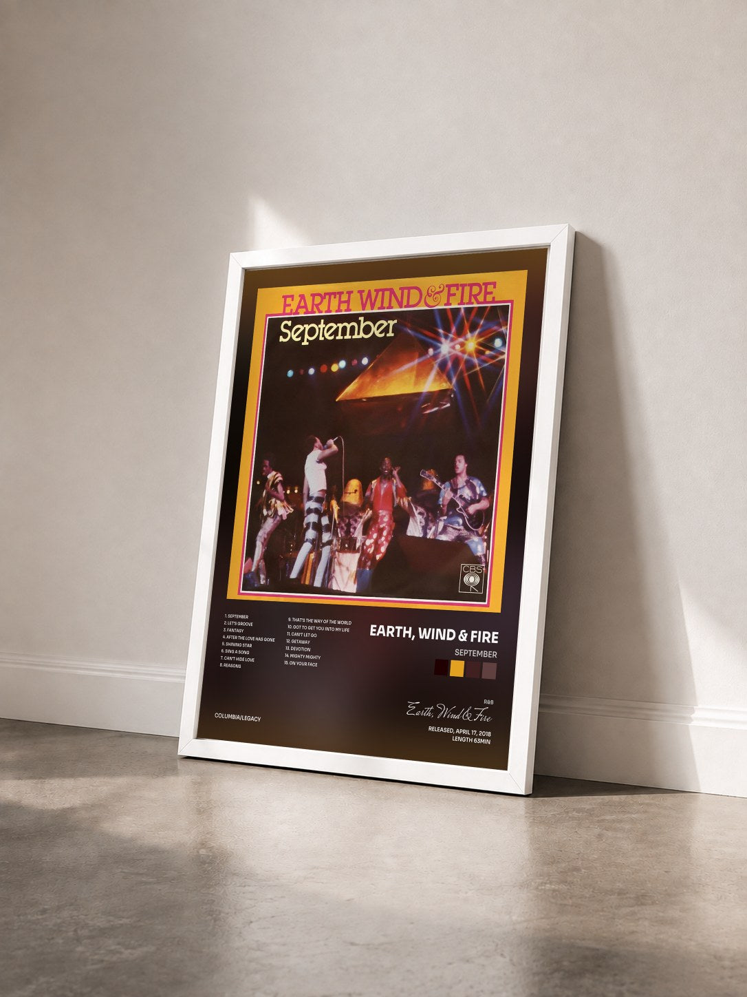 #blanc Tableau de l'album September de Earth, Wind & Fire vu de trois quarts, cadre blanc