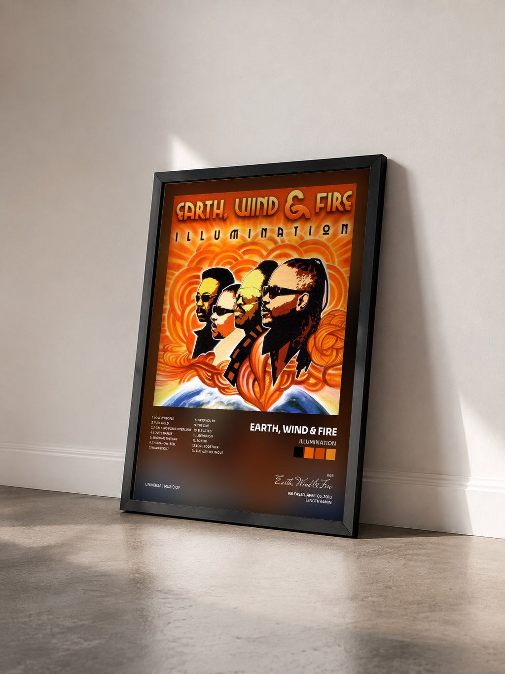 #noir Illumination by Earth, Wind & Fire as a framed art print seen at an angle, black frame