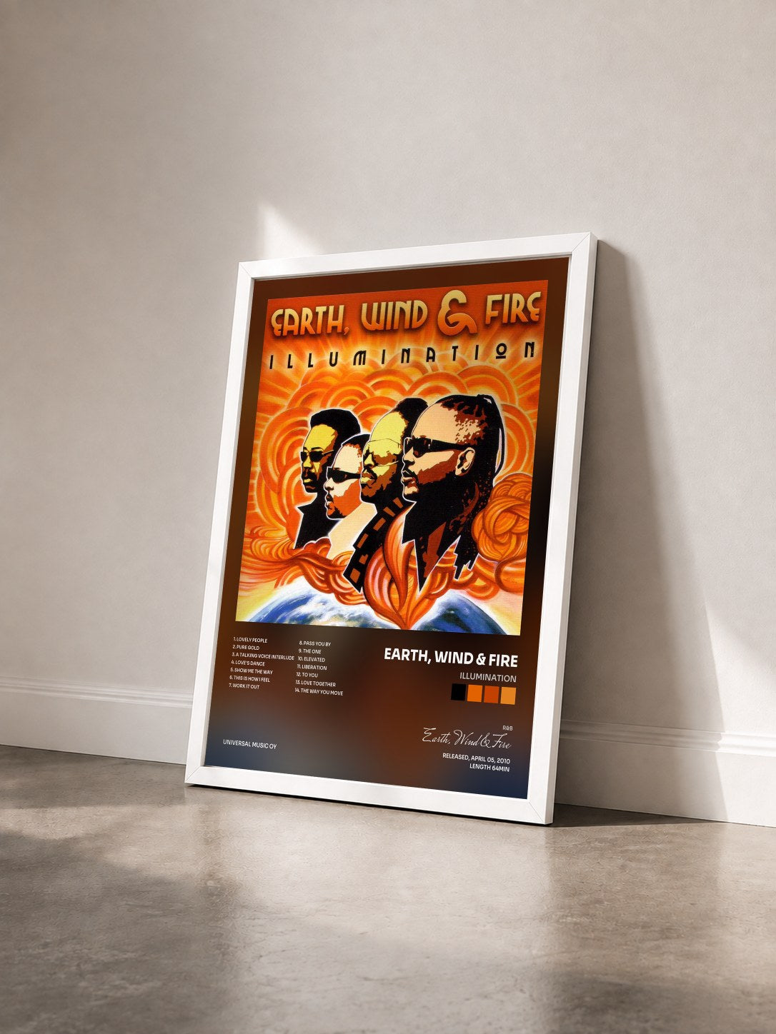 #blanc Illumination by Earth, Wind & Fire as a framed art print seen at an angle, white frame