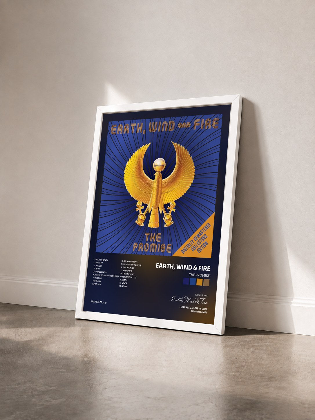 #blanc The Promise by Earth, Wind & Fire as a framed art print seen at an angle, white frame
