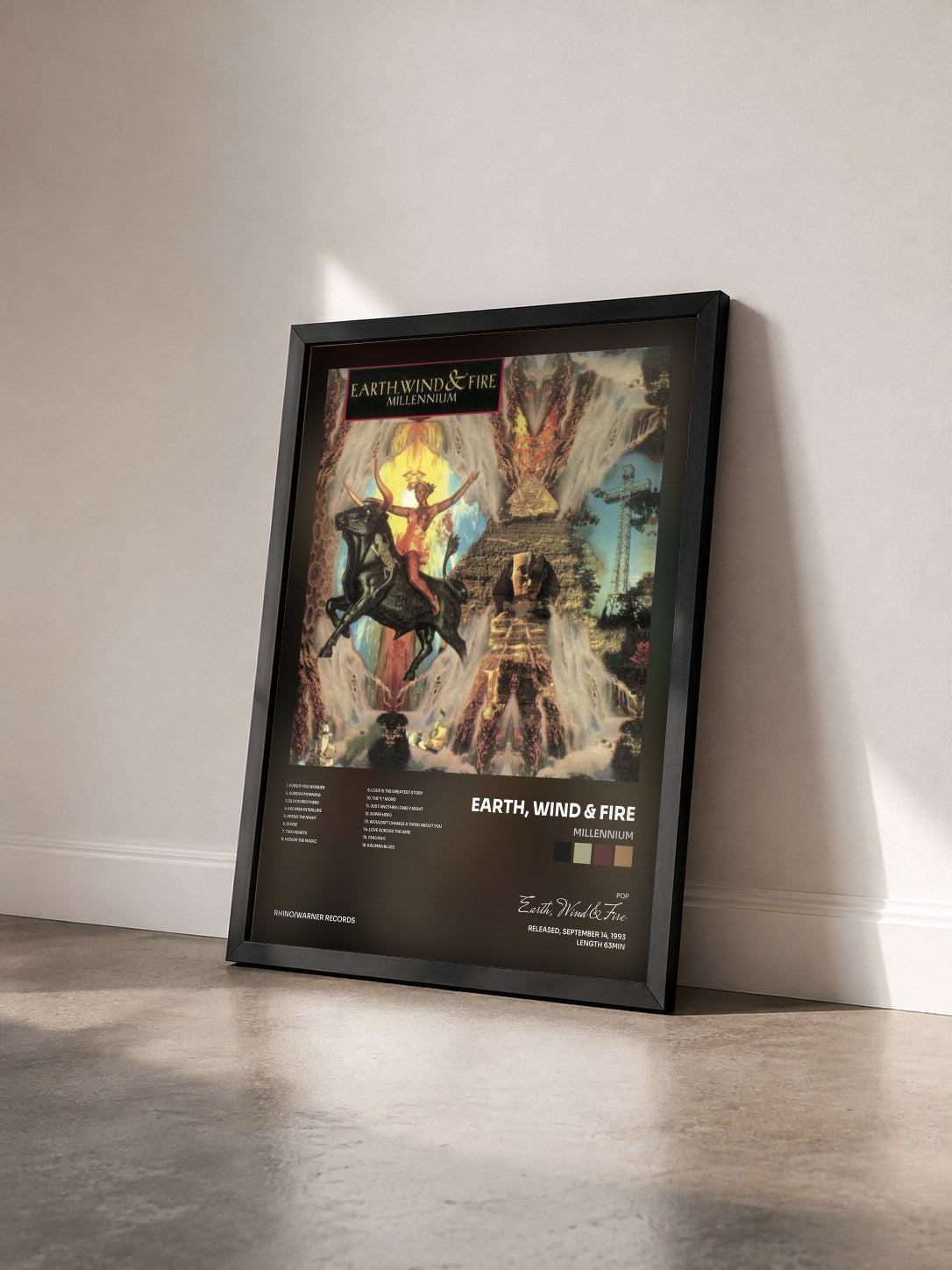 #noir Millennium by Earth, Wind & Fire as a framed art print seen at an angle, black frame