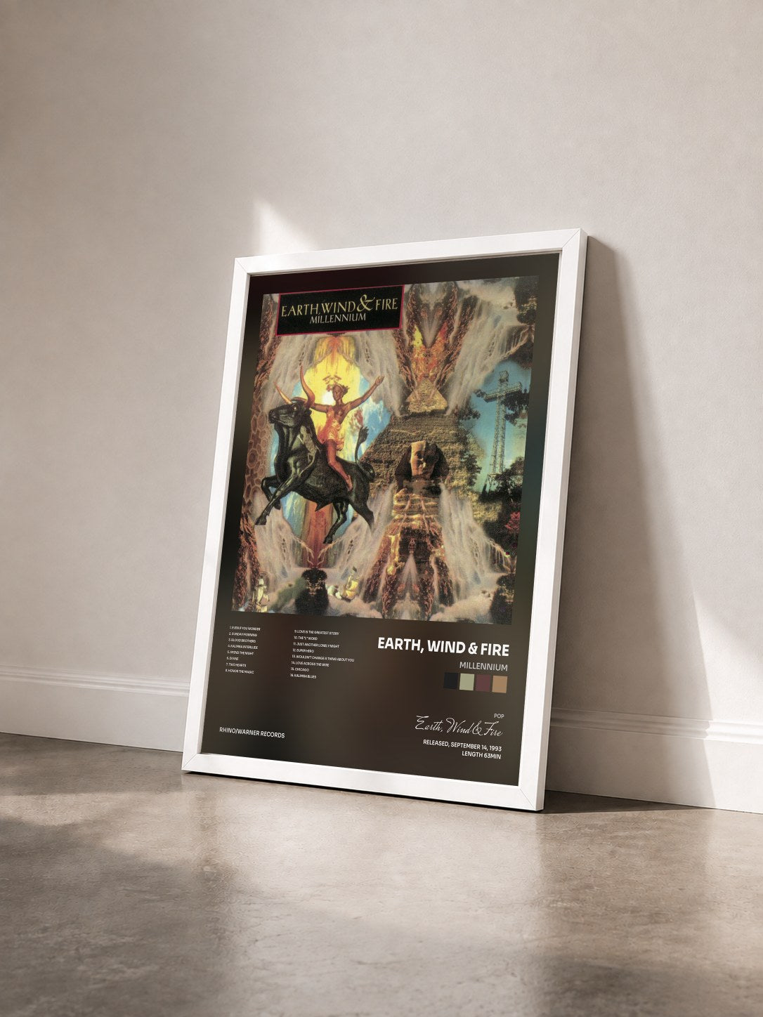#blanc Millennium by Earth, Wind & Fire as a framed art print seen at an angle, white frame