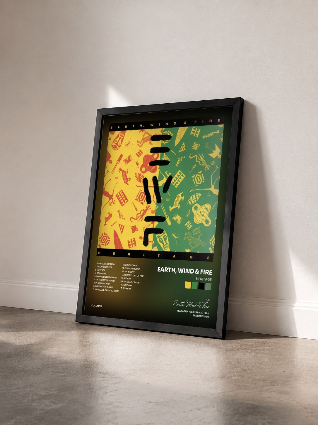 #noir Heritage by Earth, Wind & Fire as a framed art print seen at an angle, black frame