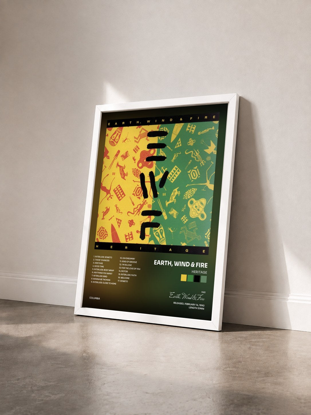 #blanc Heritage by Earth, Wind & Fire as a framed art print seen at an angle, white frame