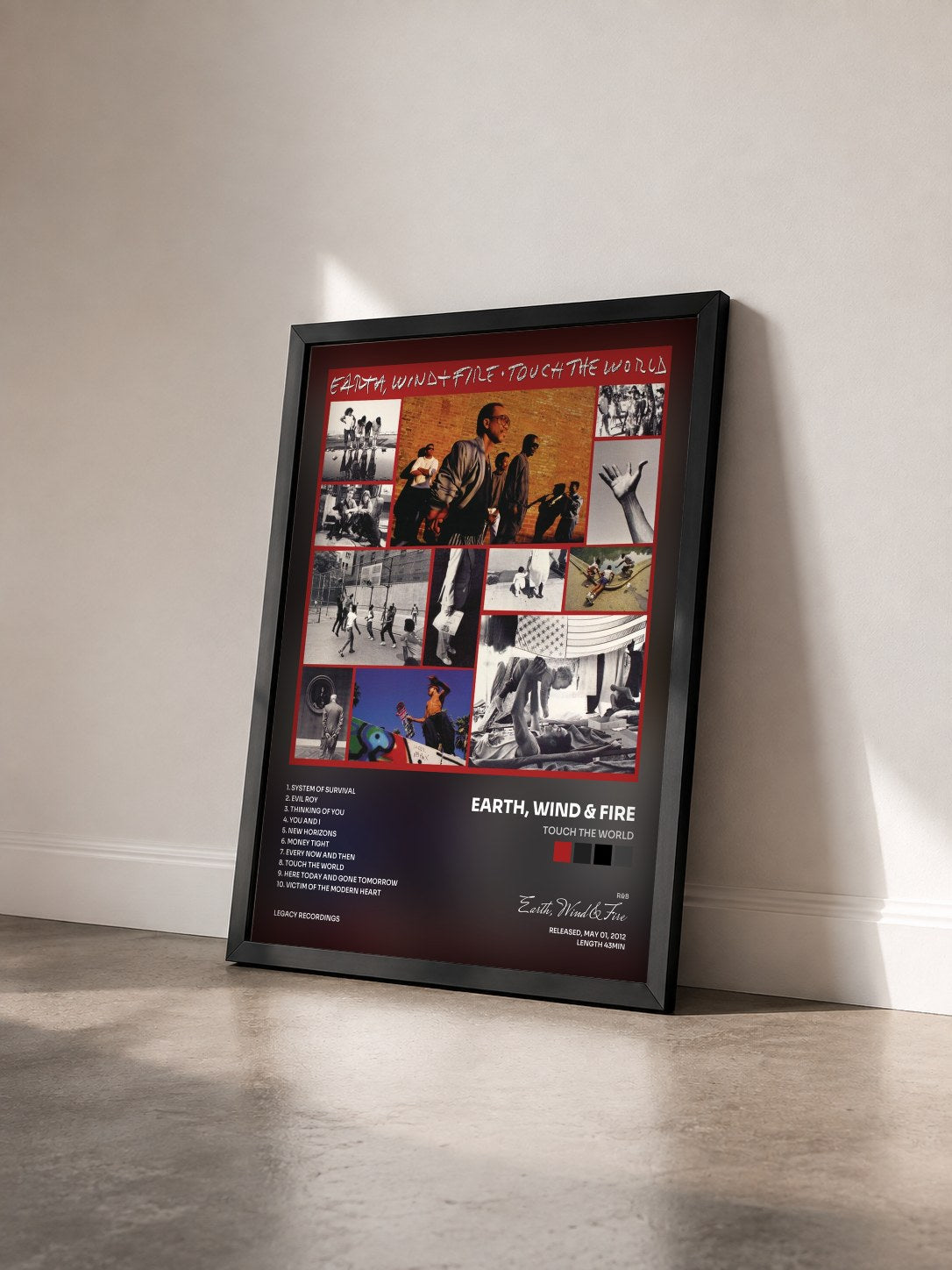 #noir Touch The World by Earth, Wind & Fire as a framed art print seen at an angle, black frame