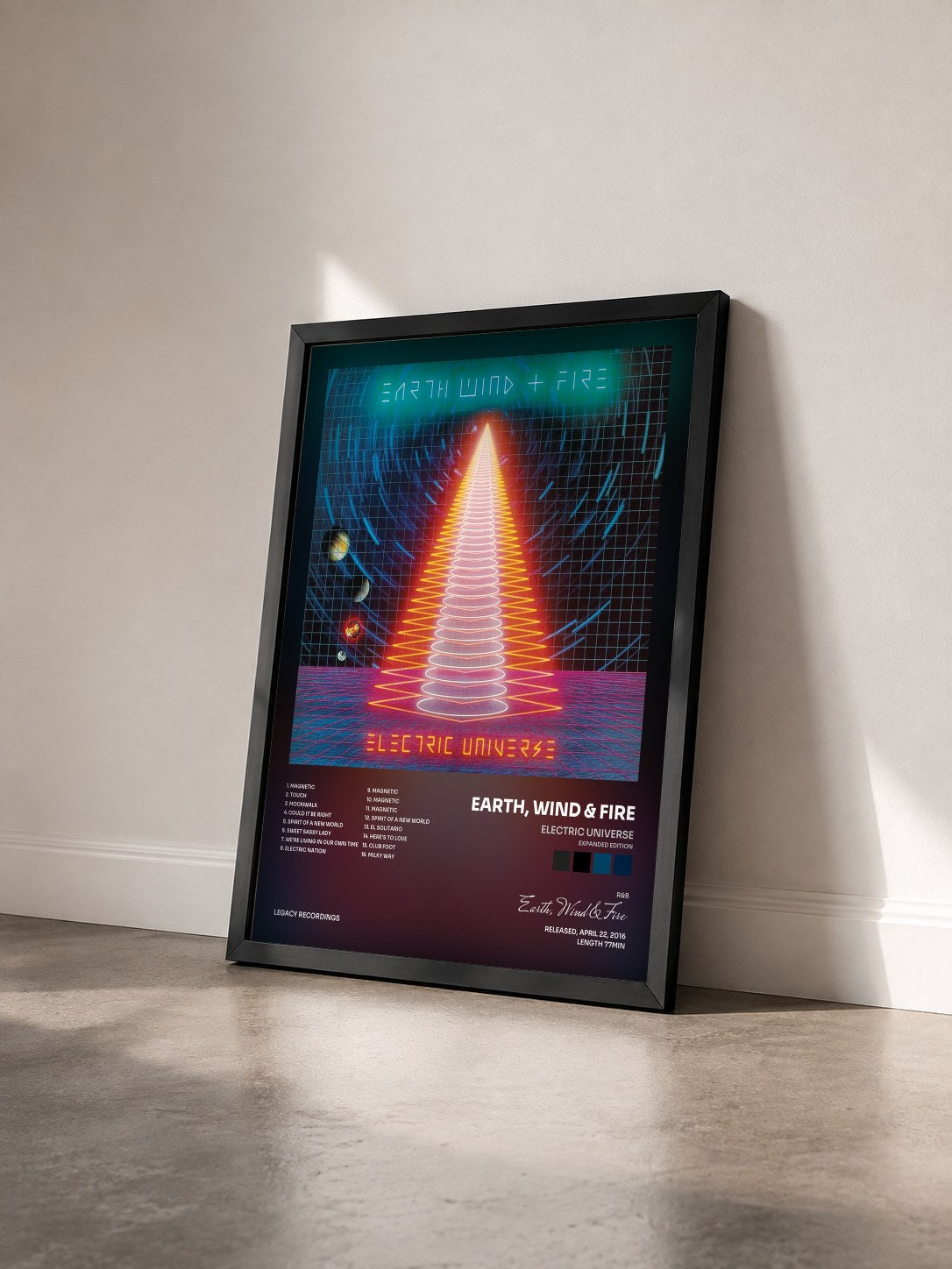 #noir Electric Universe (Expanded Edition) by Earth, Wind & Fire as a framed art print seen at an angle, black frame