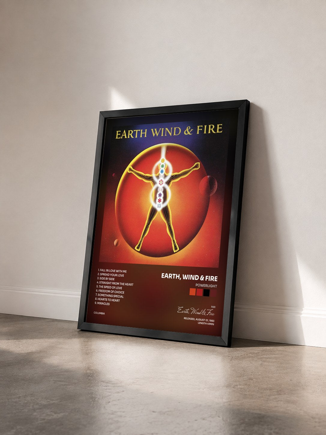 #noir Powerlight by Earth, Wind & Fire as a framed art print seen at an angle, black frame