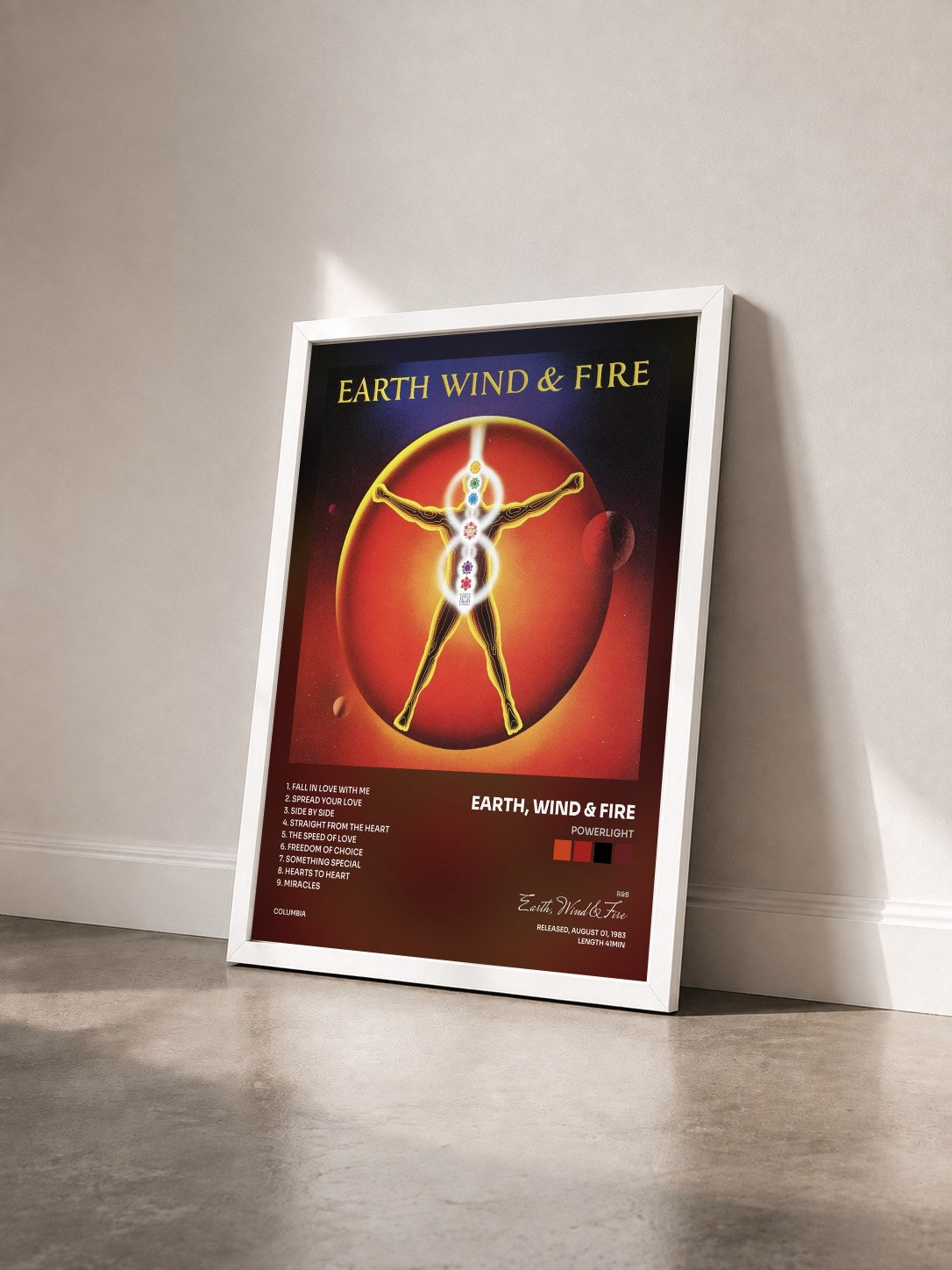 #blanc Powerlight by Earth, Wind & Fire as a framed art print seen at an angle, white frame
