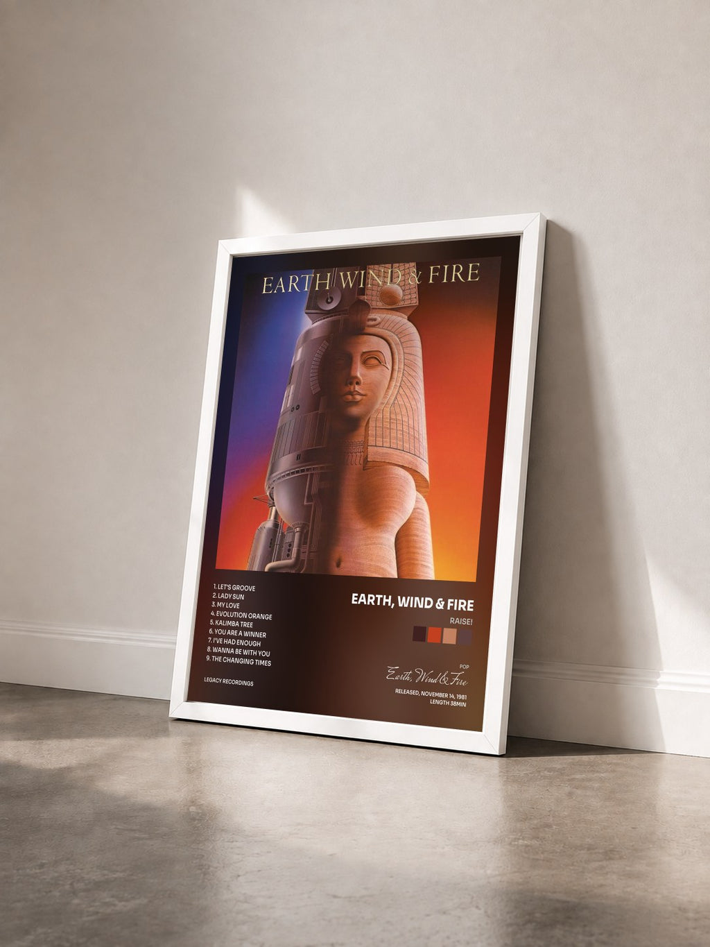 #blanc Tableau de l'album Raise! de Earth, Wind & Fire vu de trois quarts, cadre blanc