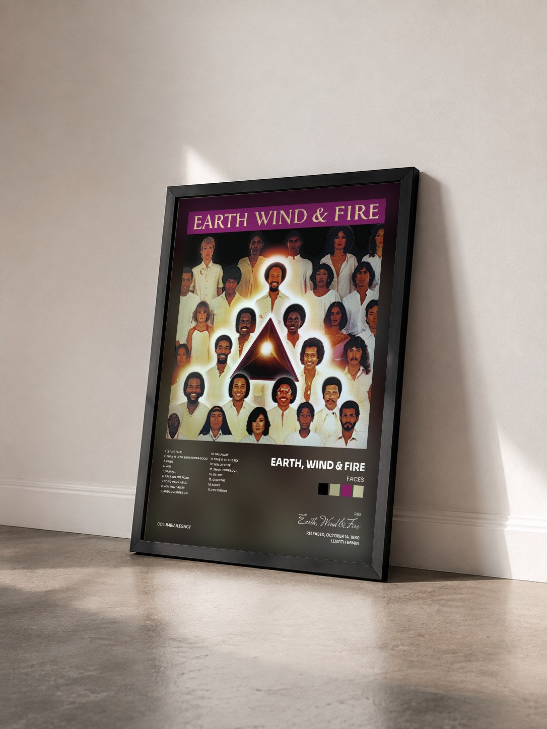 #noir Faces by Earth, Wind & Fire as a framed art print seen at an angle, black frame