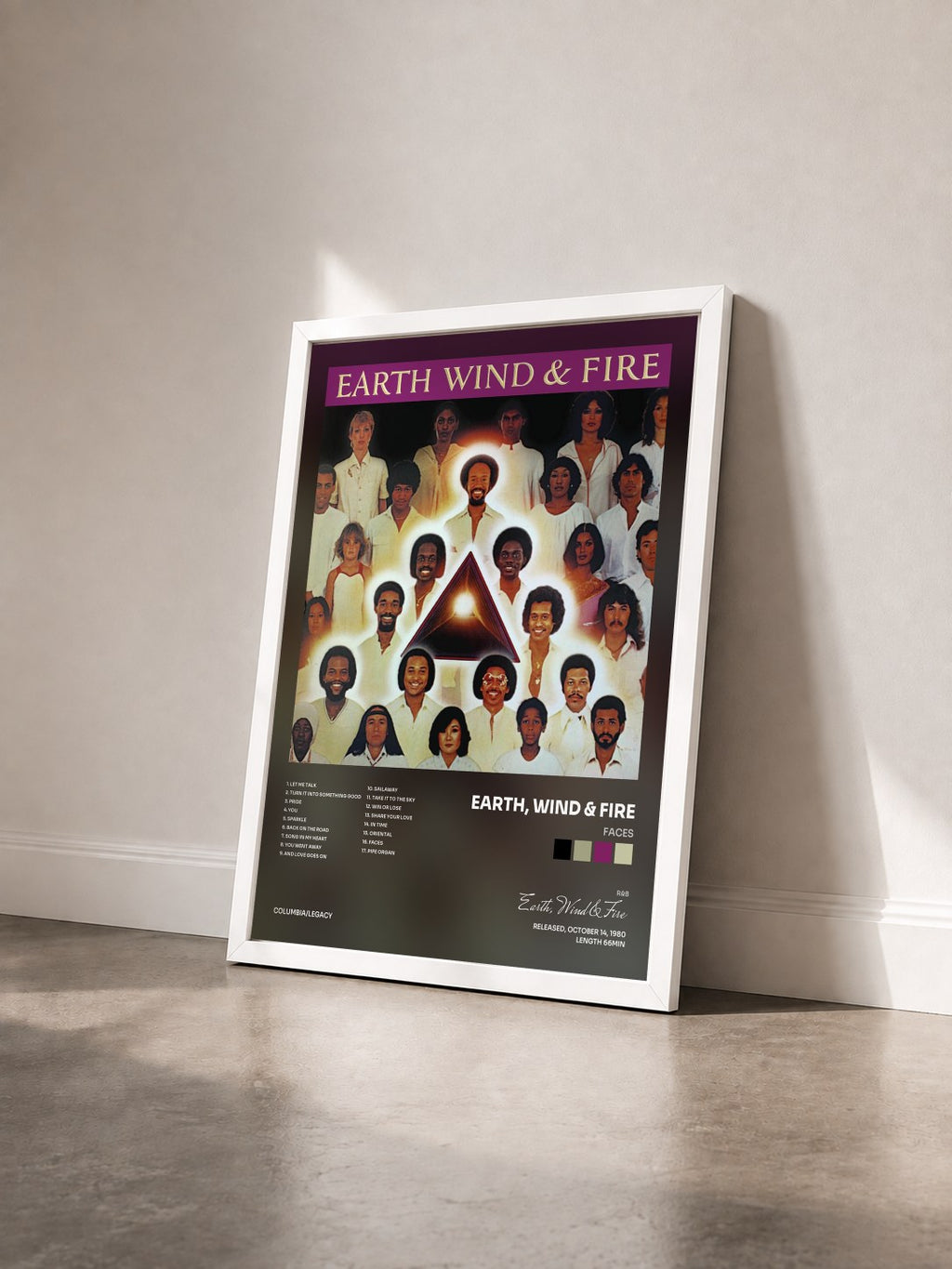 #blanc Tableau de l'album Faces de Earth, Wind & Fire vu de trois quarts, cadre blanc