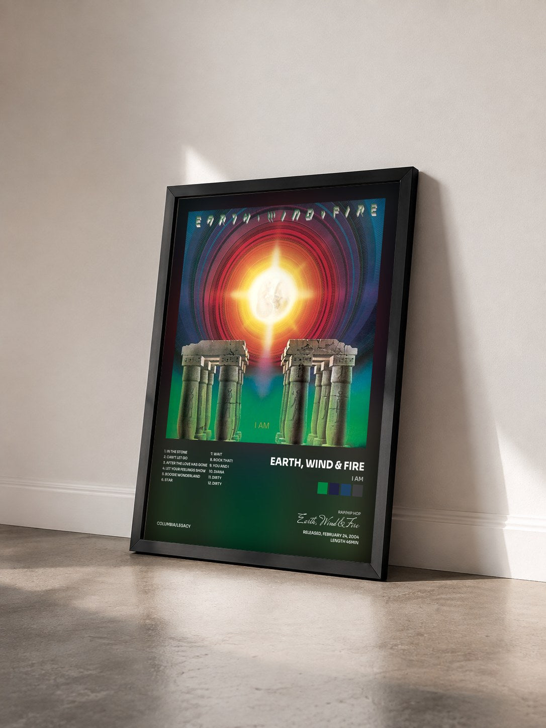 #noir I Am by Earth, Wind & Fire as a framed art print seen at an angle, black frame