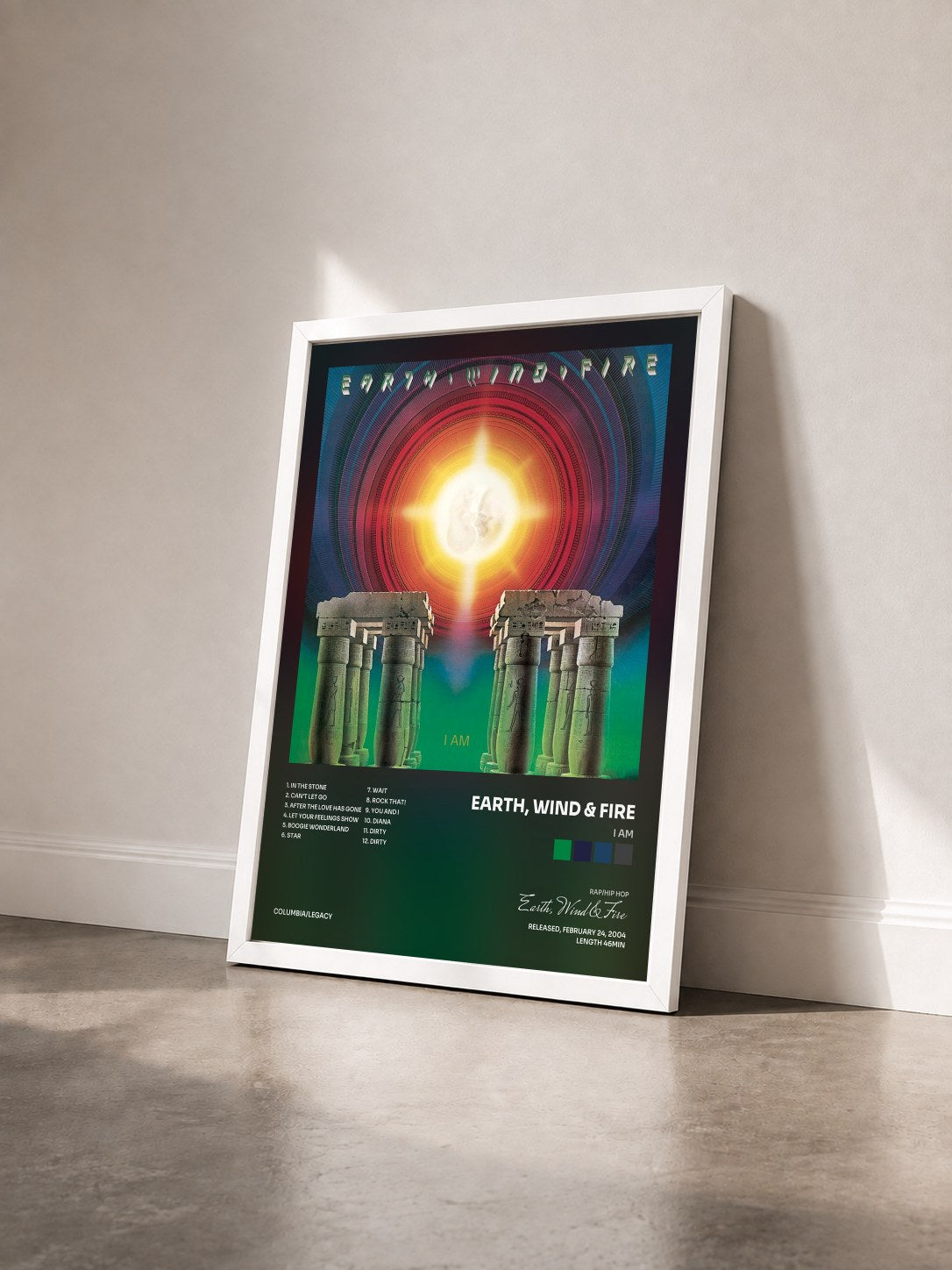 #blanc I Am by Earth, Wind & Fire as a framed art print seen at an angle, white frame