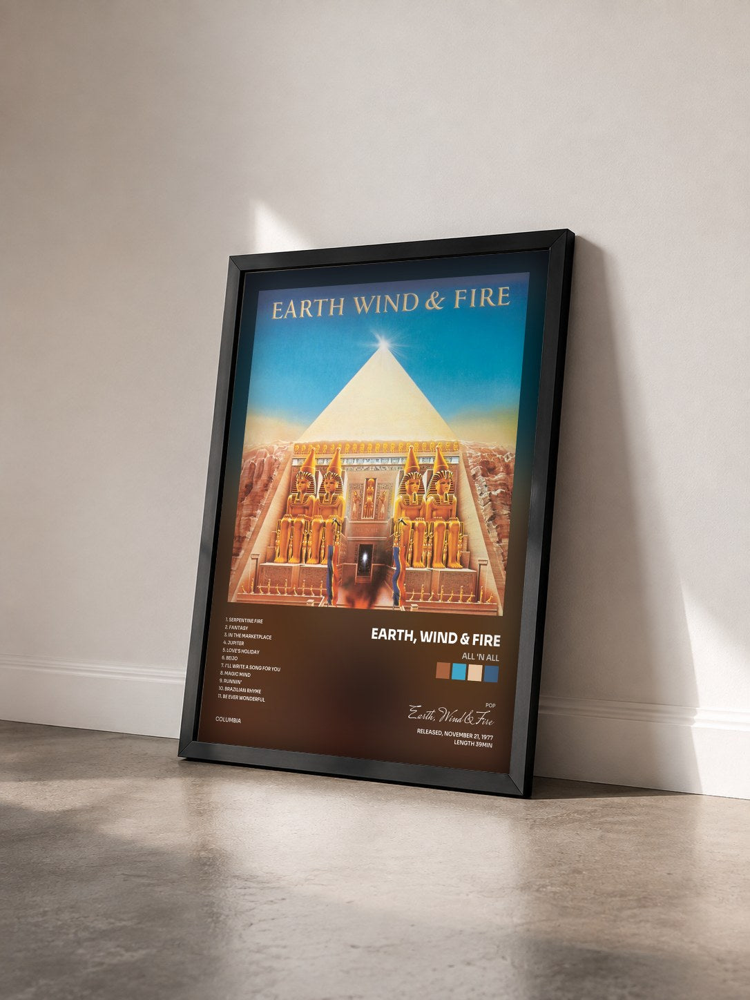 #noir All 'N All by Earth, Wind & Fire as a framed art print seen at an angle, black frame