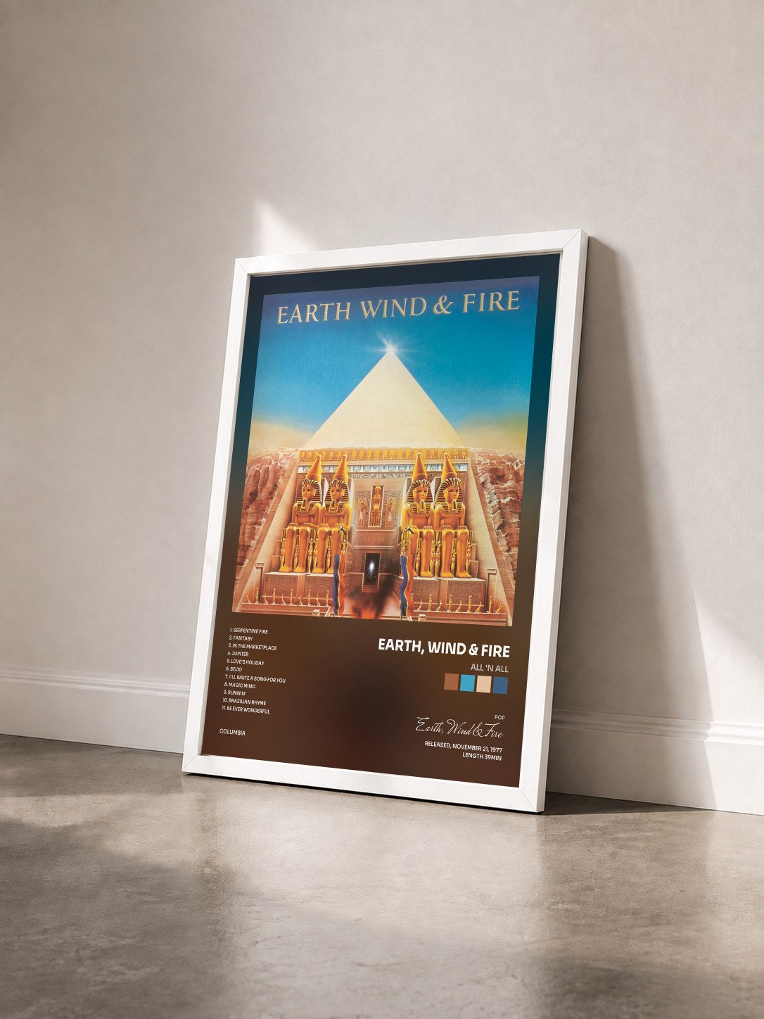#blanc All 'N All by Earth, Wind & Fire as a framed art print seen at an angle, white frame