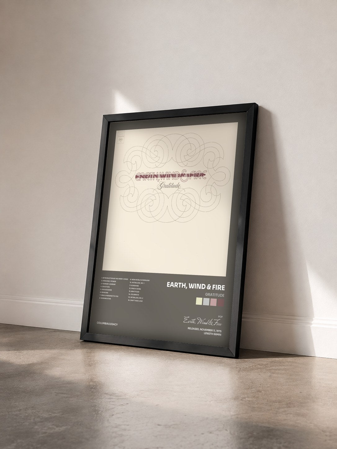 #noir Gratitude by Earth, Wind & Fire as a framed art print seen at an angle, black frame