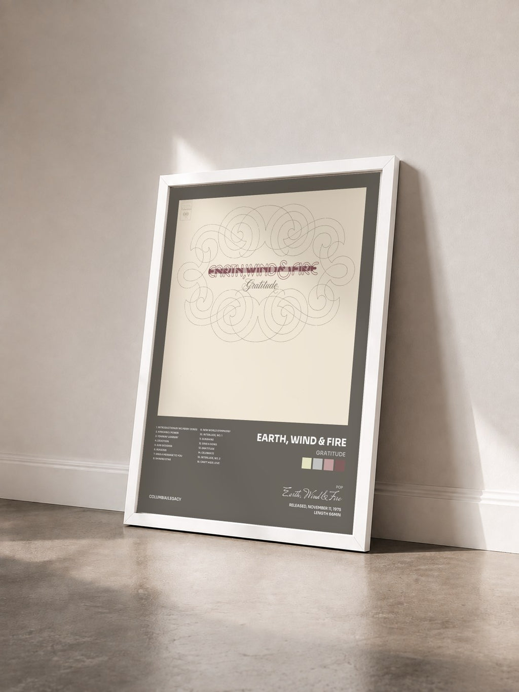 #blanc Gratitude by Earth, Wind & Fire as a framed art print seen at an angle, white frame