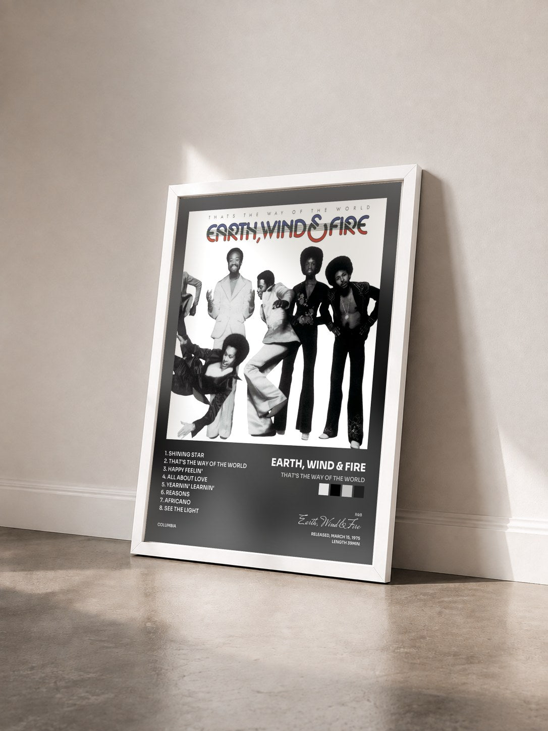 #blanc That's The Way Of The World by Earth, Wind & Fire as a framed art print seen at an angle, white frame