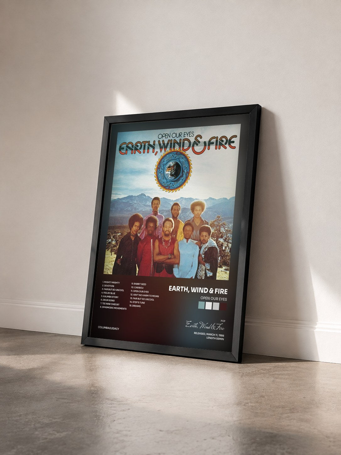 #noir Open Our Eyes by Earth, Wind & Fire as a framed art print seen at an angle, black frame