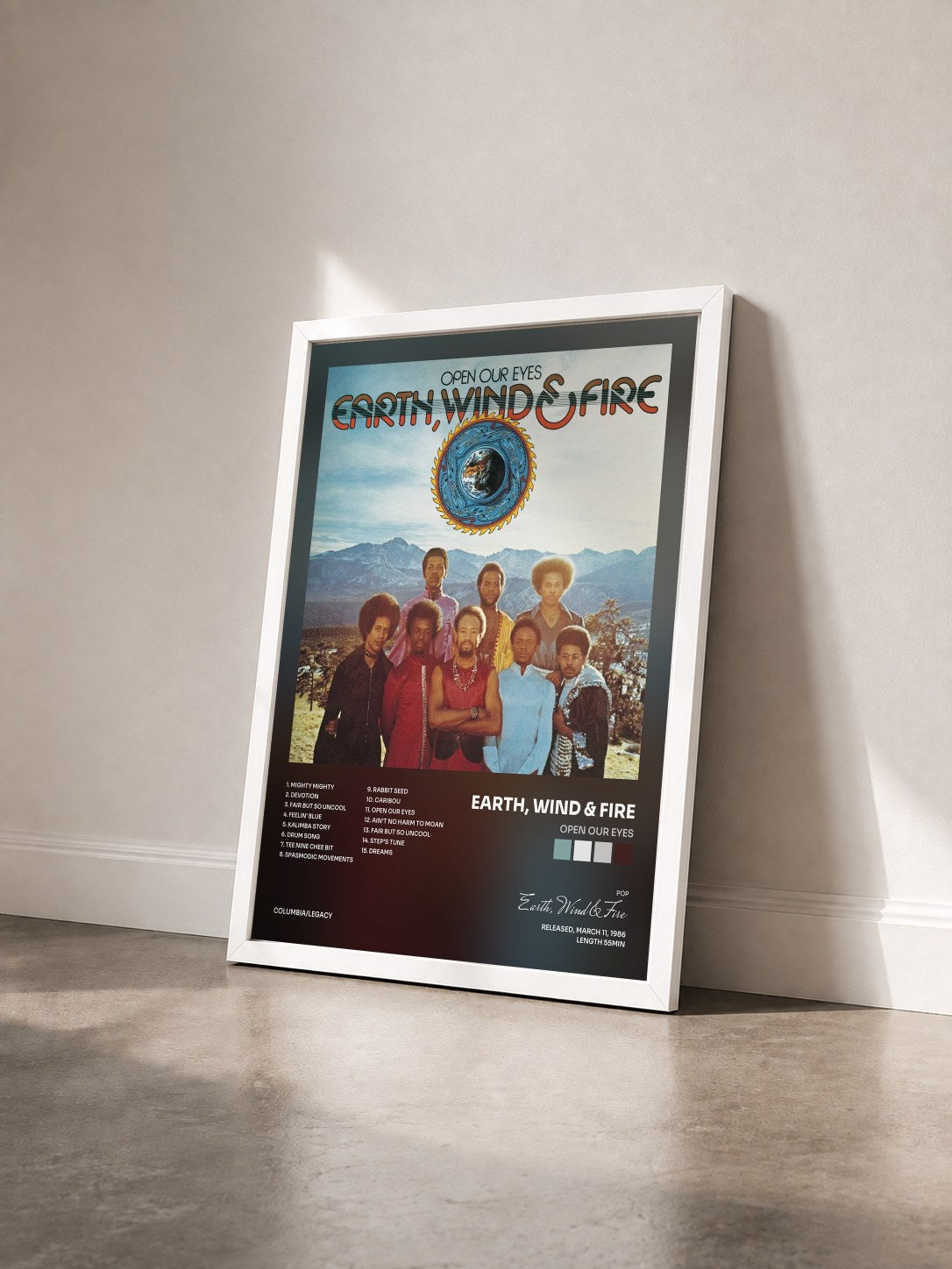 #blanc Open Our Eyes by Earth, Wind & Fire as a framed art print seen at an angle, white frame