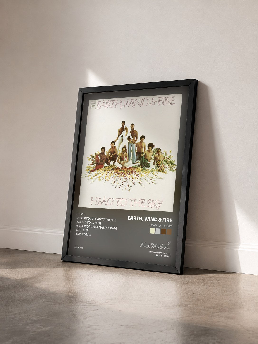 #noir Head To The Sky by Earth, Wind & Fire as a framed art print seen at an angle, black frame