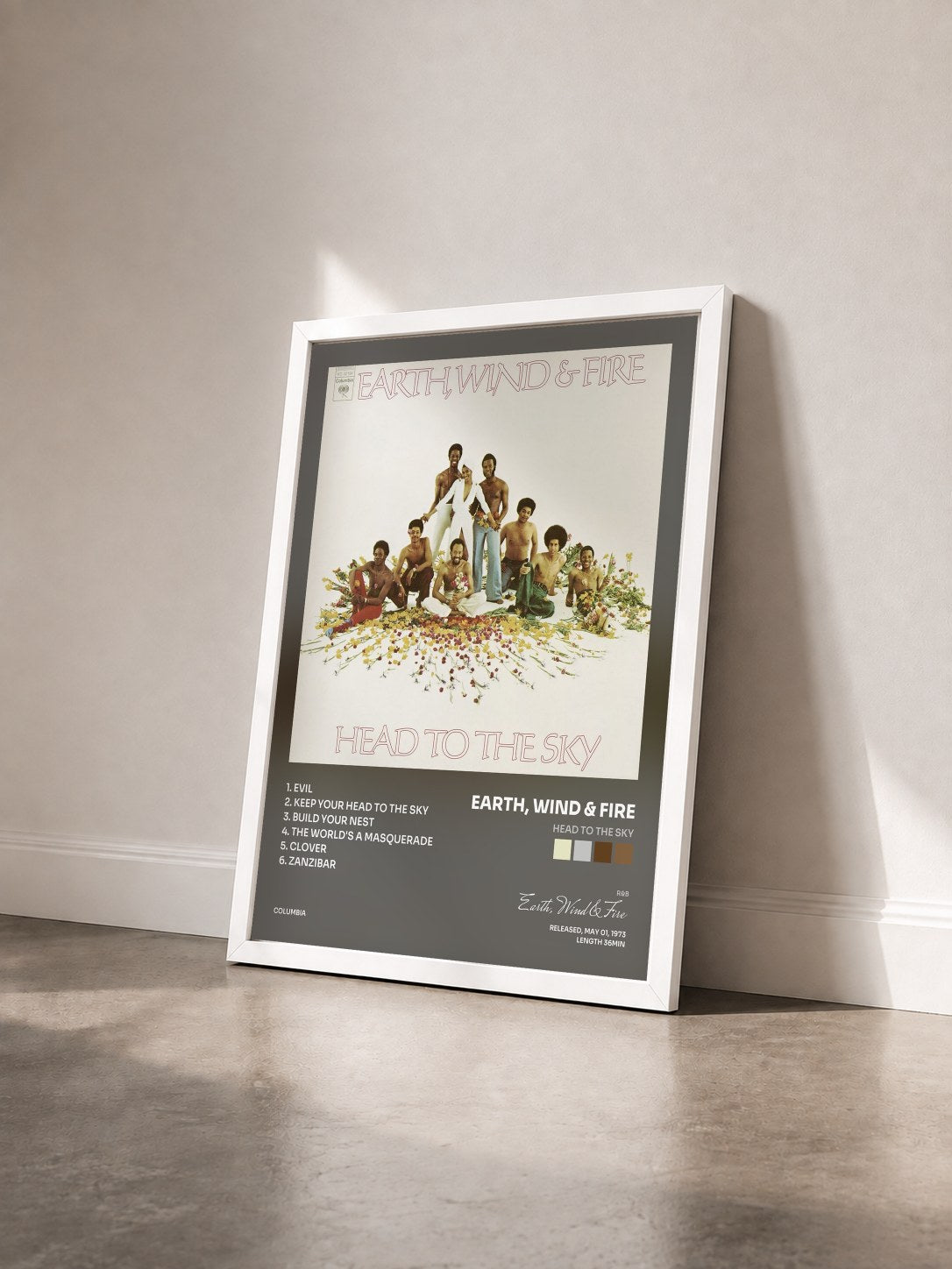 #blanc Head To The Sky by Earth, Wind & Fire as a framed art print seen at an angle, white frame