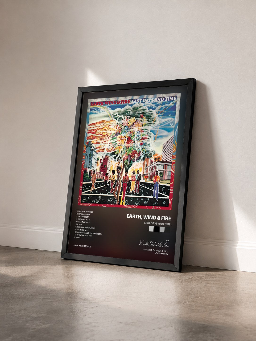 #noir Last Days and Time by Earth, Wind & Fire as a framed art print seen at an angle, black frame