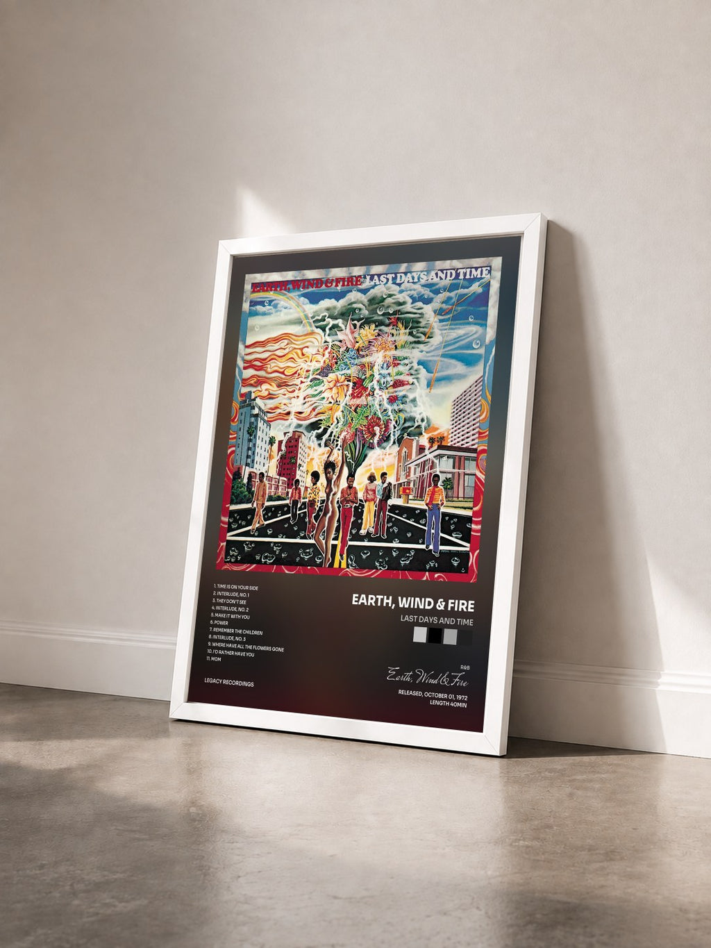 #blanc Tableau de l'album Last Days and Time de Earth, Wind & Fire vu de trois quarts, cadre blanc