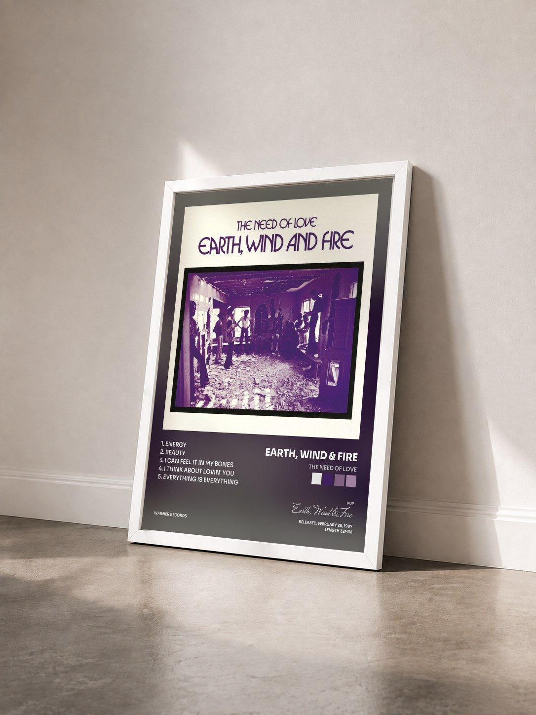 #blanc The Need Of Love by Earth, Wind & Fire as a framed art print seen at an angle, white frame
