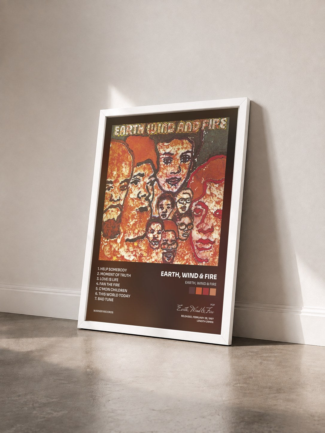 #blanc Earth, Wind & Fire by Earth, Wind & Fire as a framed art print seen at an angle, white frame