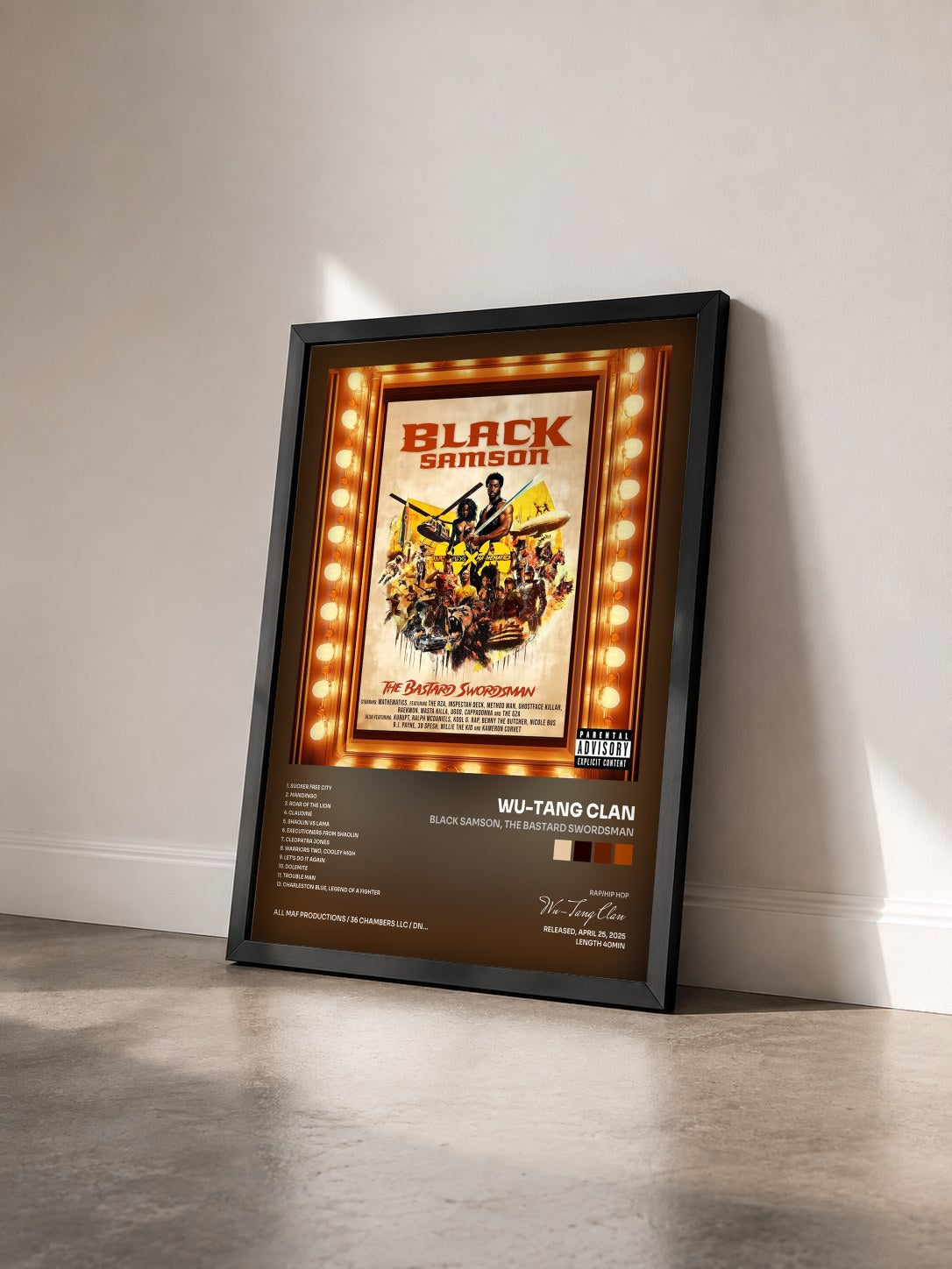 #noir Black Samson, the Bastard Swordsman by Wu-Tang Clan as a framed art print seen at an angle, black frame