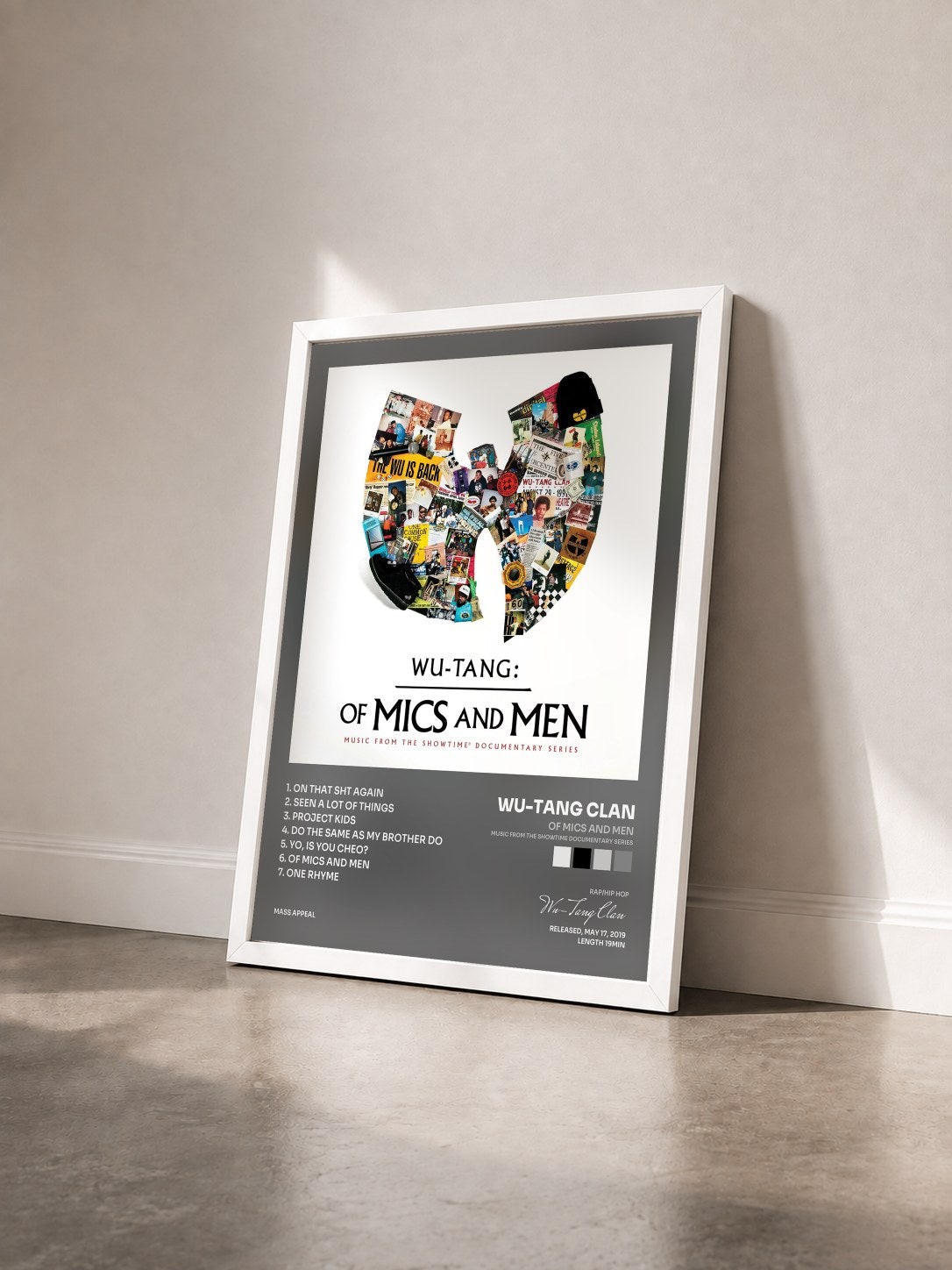 #blanc Of Mics and Men (Music from the Showtime Documentary Series) by Wu-Tang Clan as a framed art print seen at an angle, white frame