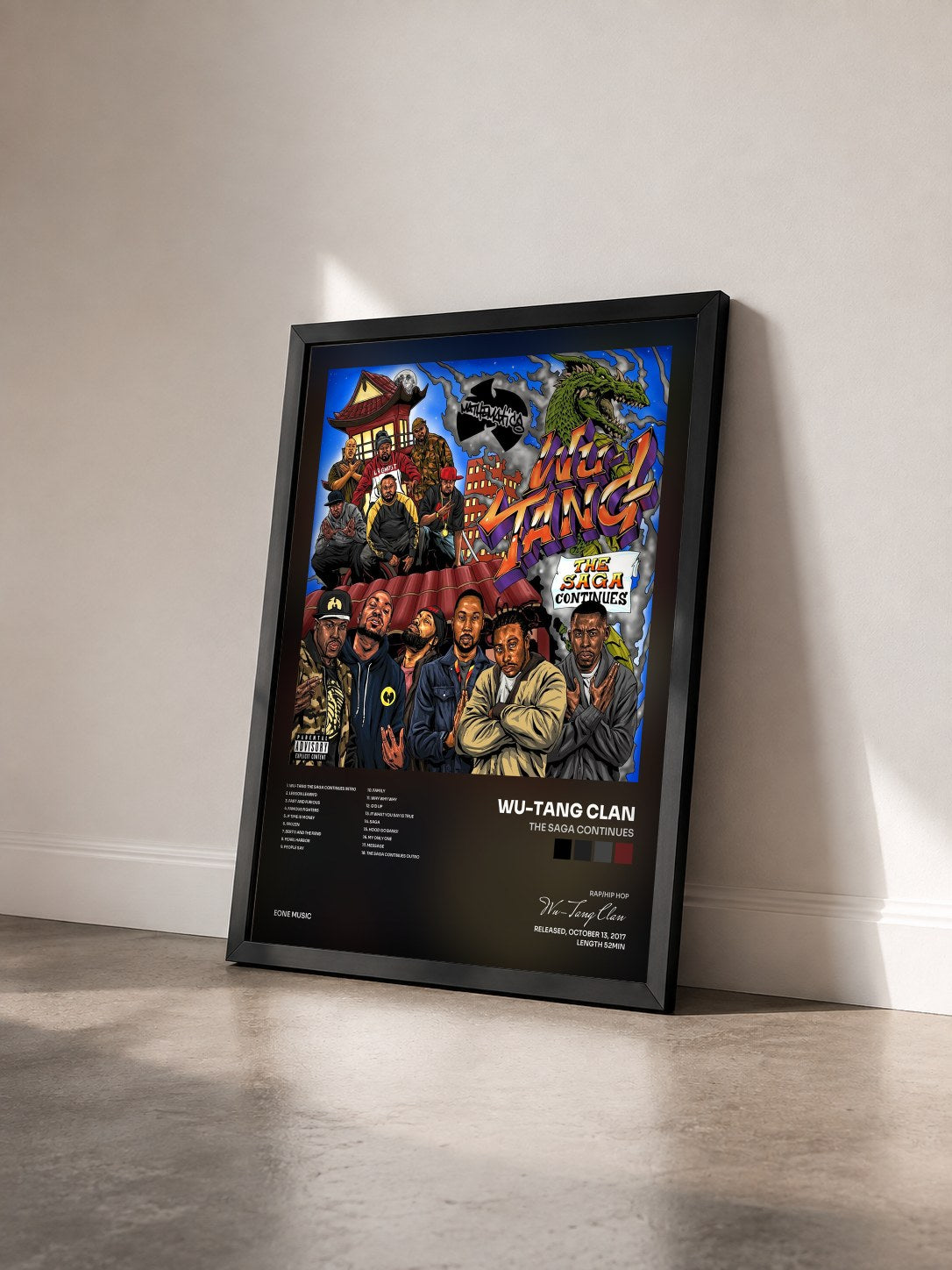 #noir The Saga Continues by Wu-Tang Clan as a framed art print seen at an angle, black frame