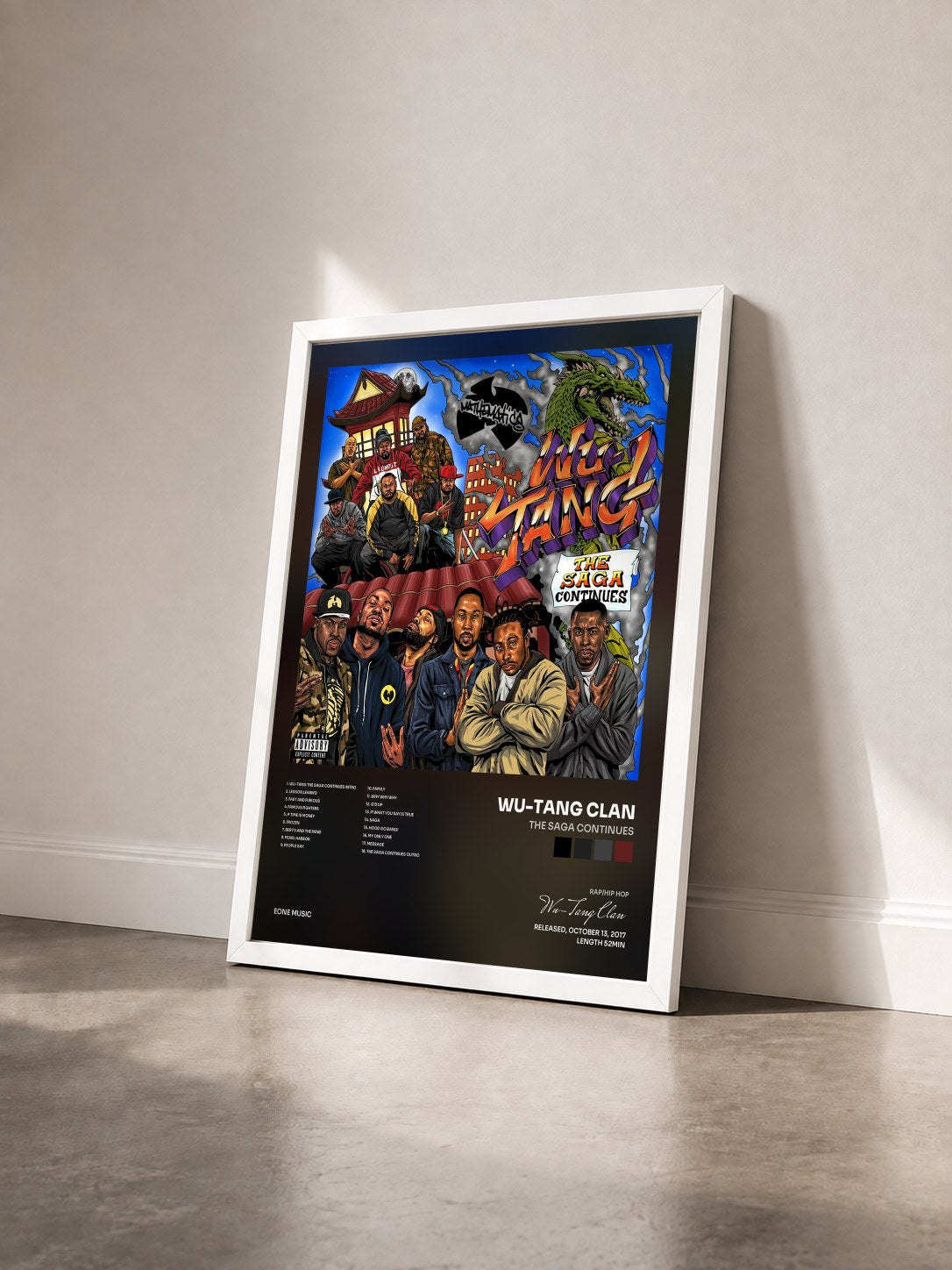 #blanc The Saga Continues by Wu-Tang Clan as a framed art print seen at an angle, white frame