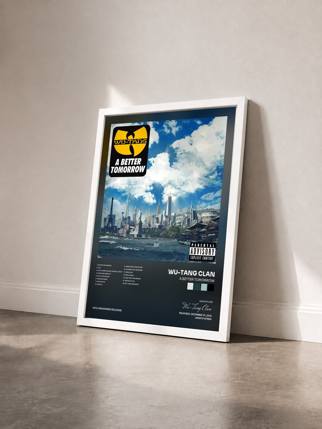 #blanc Tableau de l'album A Better Tomorrow de Wu-Tang Clan vu de trois quarts, cadre blanc