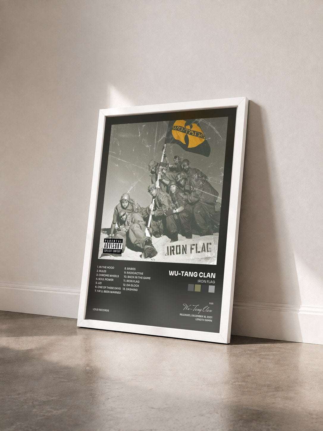 #blanc Iron Flag by Wu-Tang Clan as a framed art print seen at an angle, white frame