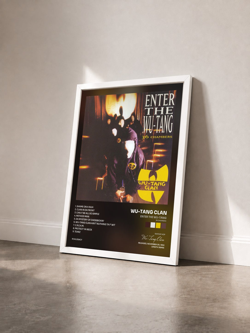 #blanc Tableau de l'album Enter the Wu-Tang (36 Chambers) de Wu-Tang Clan vu de trois quarts, cadre blanc