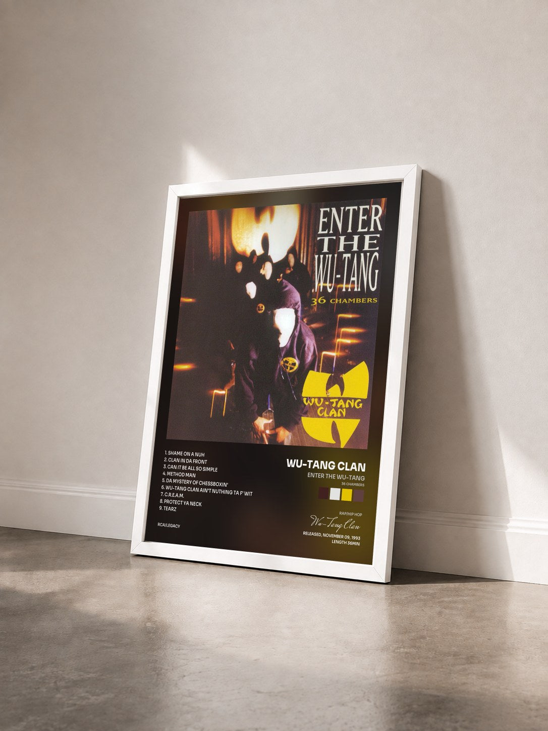 #blanc Tableau de l'album Enter the Wu-Tang (36 Chambers) de Wu-Tang Clan vu de trois quarts, cadre blanc