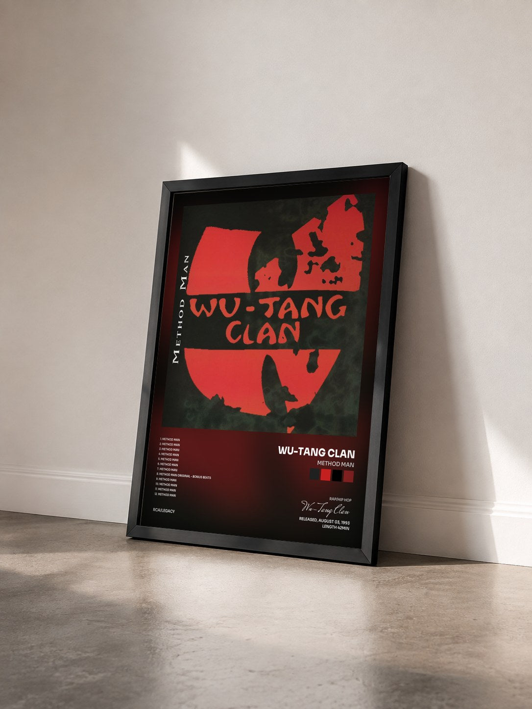 #noir Method Man by Wu-Tang Clan as a framed art print seen at an angle, black frame
