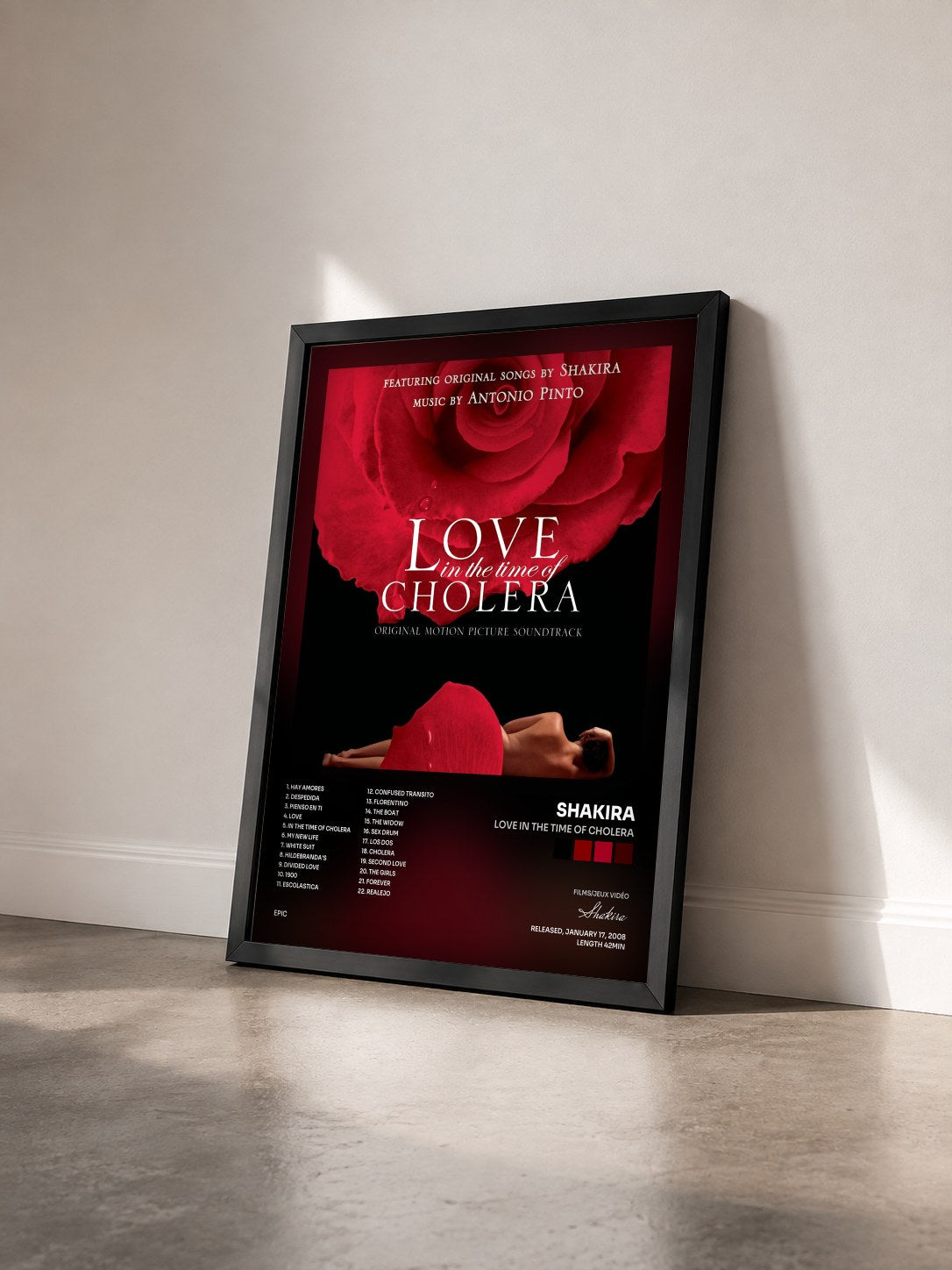 #noir Tableau de l'album Love In The Time Of Cholera de Shakira vu de trois quarts, cadre noir