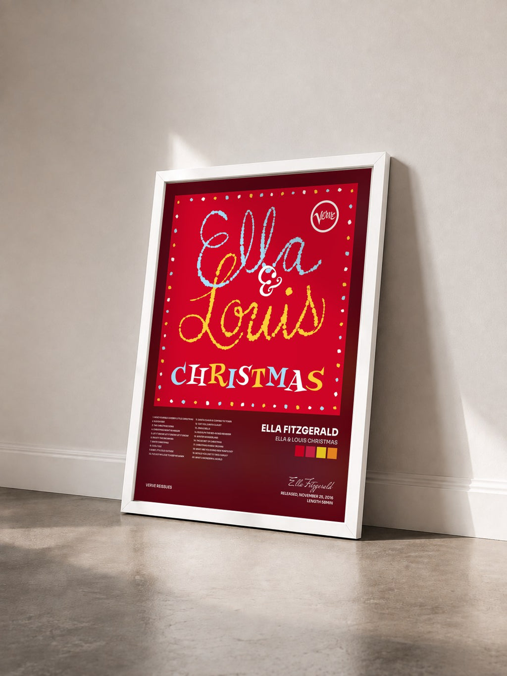 #blanc Tableau de l'album Ella & Louis Christmas de Ella Fitzgerald vu de trois quarts, cadre blanc