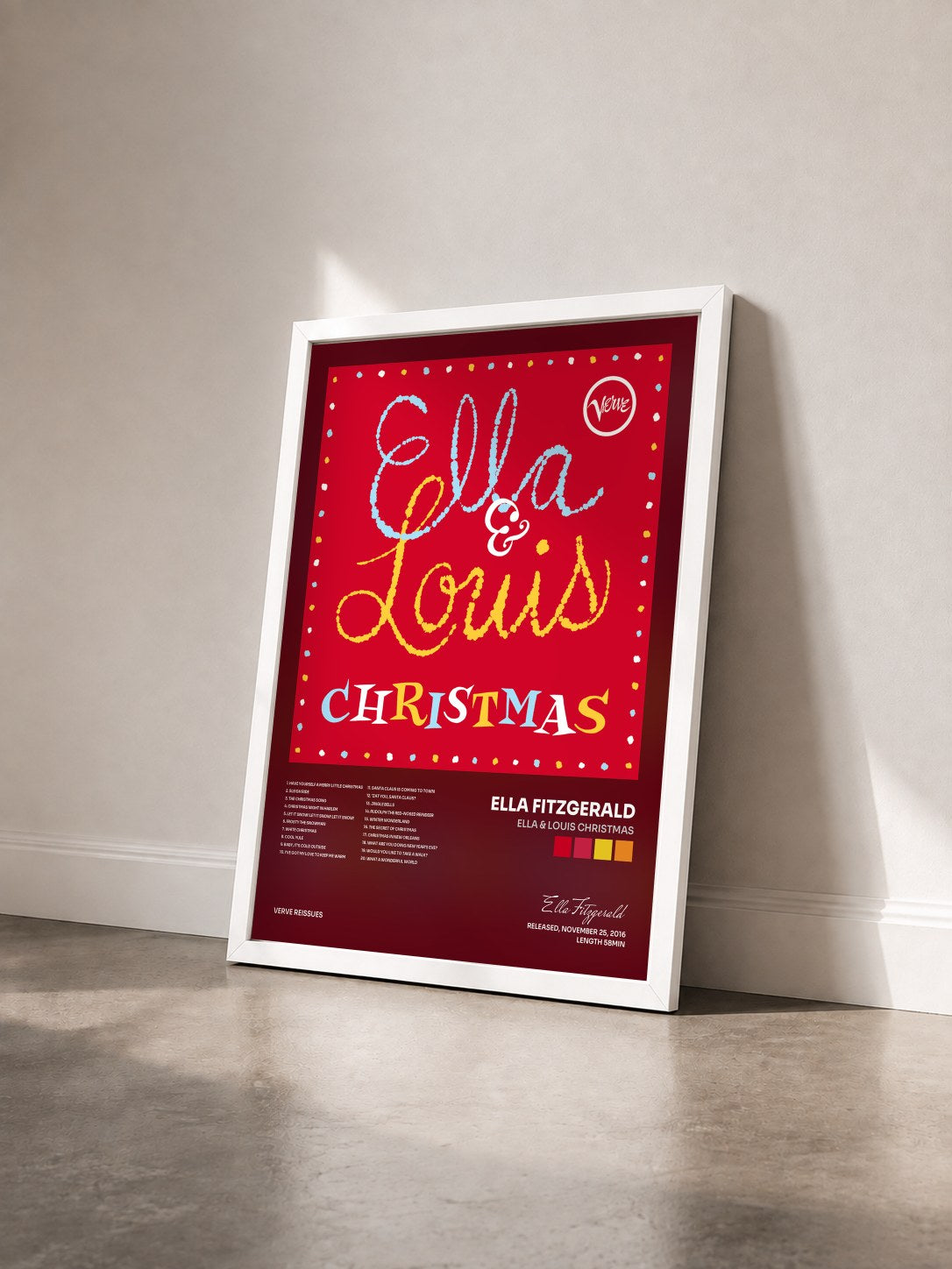 #blanc Tableau de l'album Ella & Louis Christmas de Ella Fitzgerald vu de trois quarts, cadre blanc