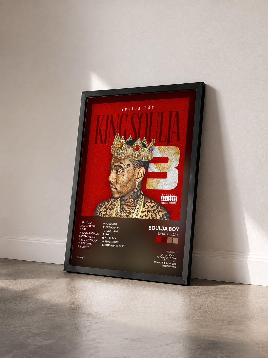 #noir King Soulja 3 by Soulja Boy as a framed art print seen at an angle, black frame