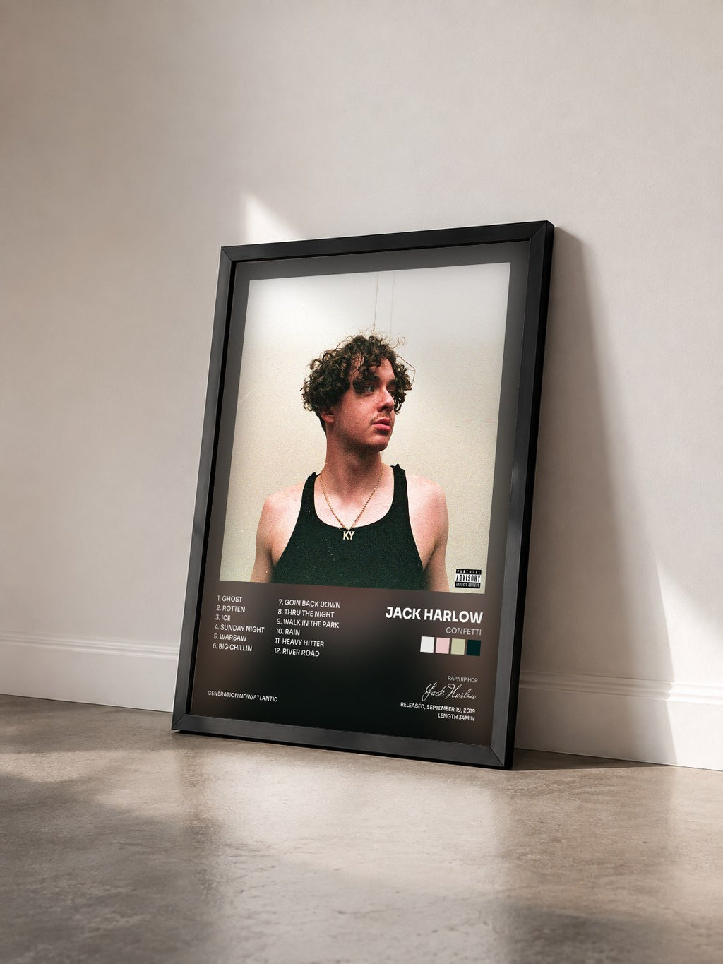 #noir Tableau de l'album Confetti de Jack Harlow vu de trois quarts, cadre noir