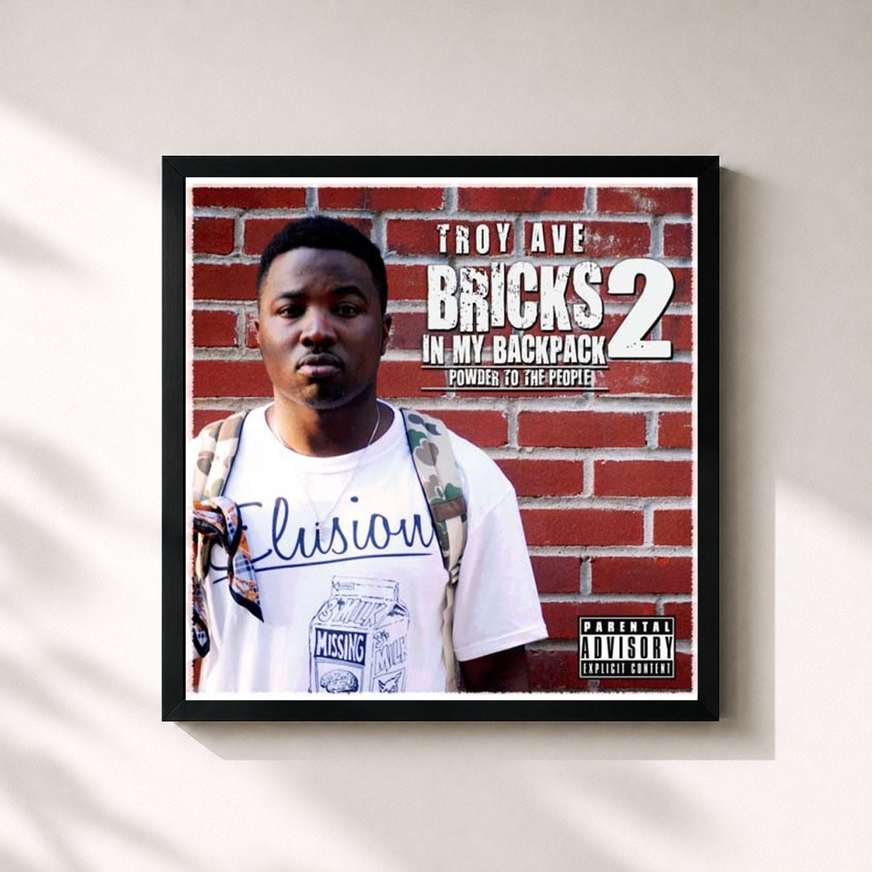 #noir Tableau carré de l'album Bricks In My Backpack 2: Powder To The People de Troy Ave, cadre noir 32x32 cm
