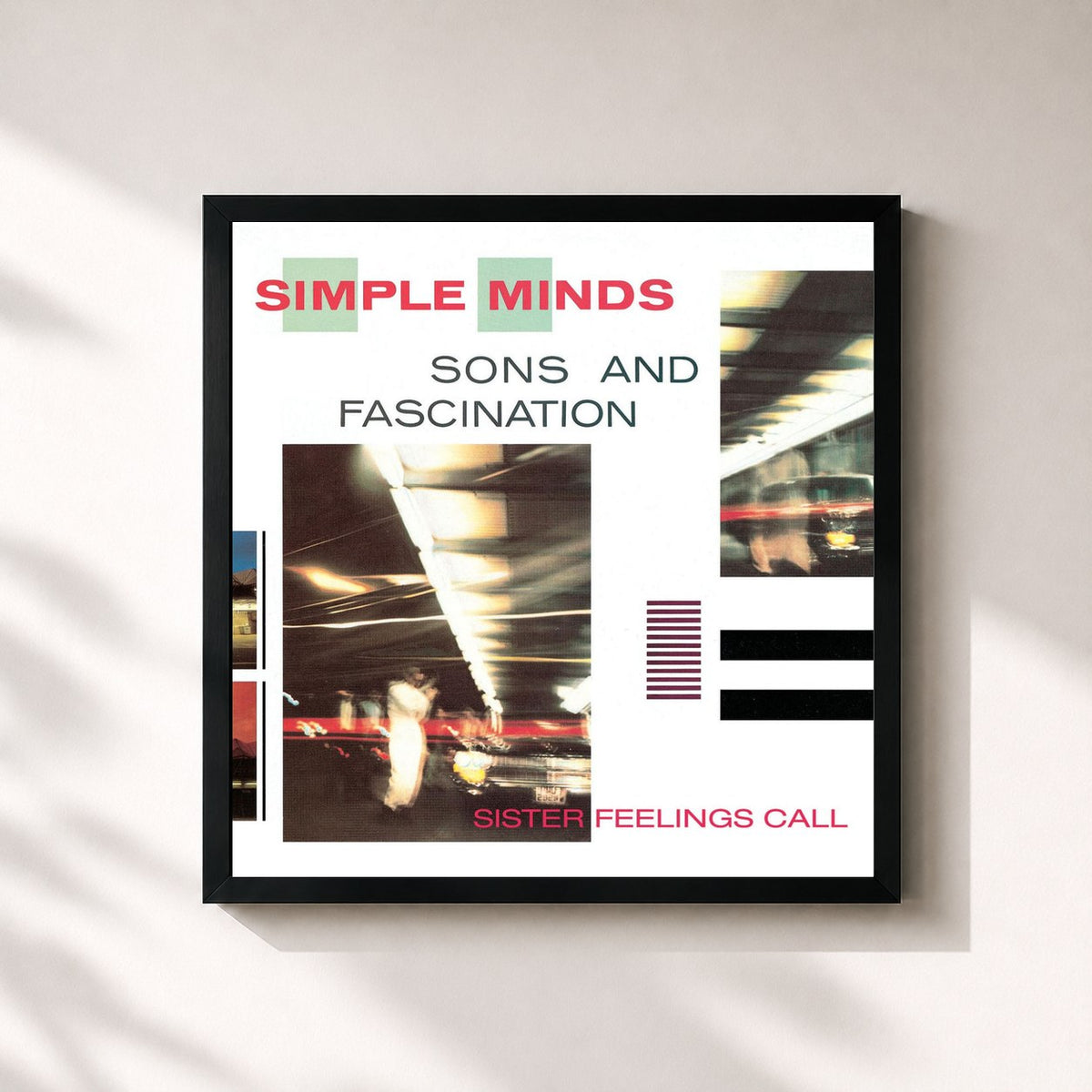 #noir Sons And Fascination/Sister Feelings Call di Simple Minds in stampa quadrata incorniciata, cornice nera 32x32 cm