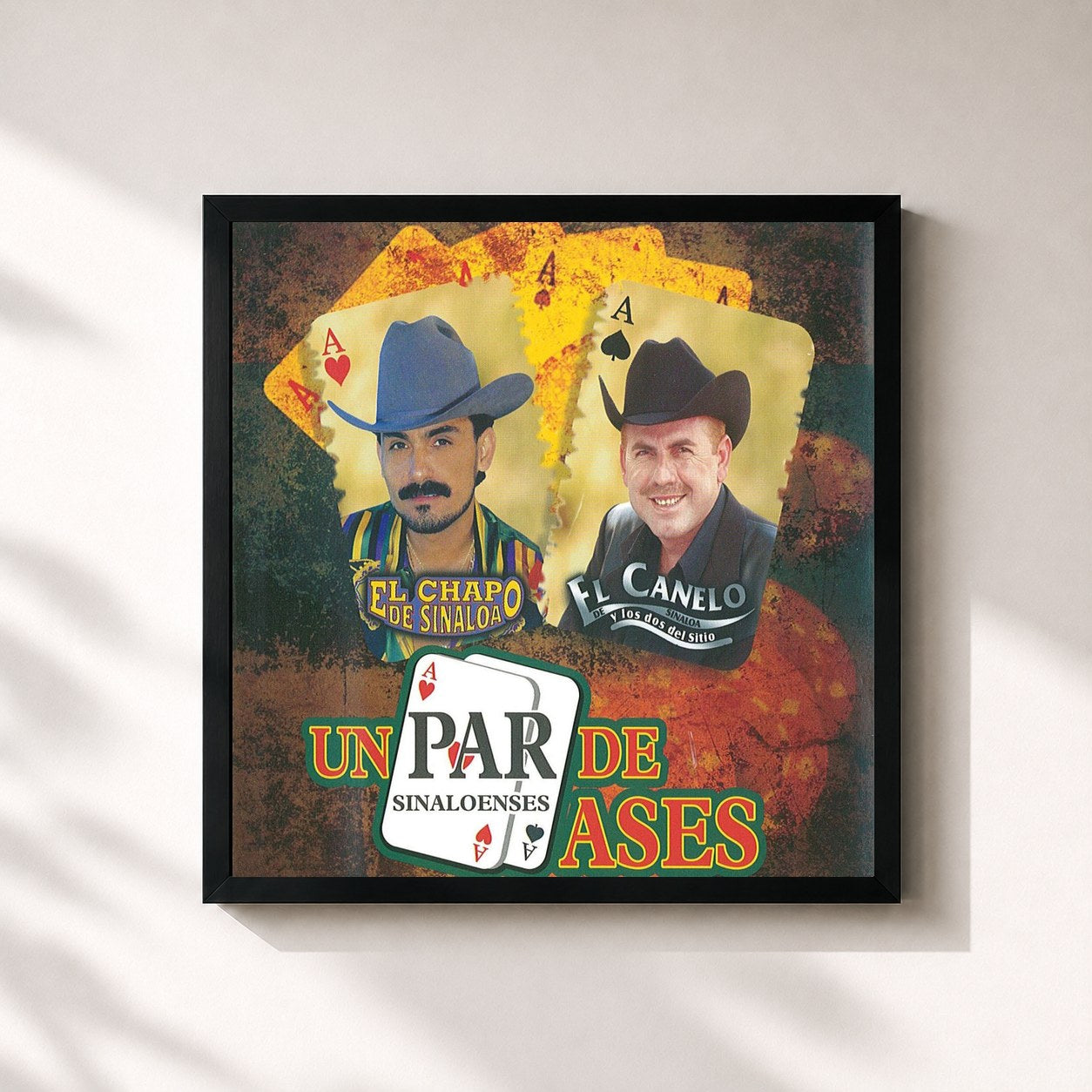 #noir Tableau carré de l'album Un Par De Ases de El Chapo De Sinaloa, cadre noir 32x32 cm