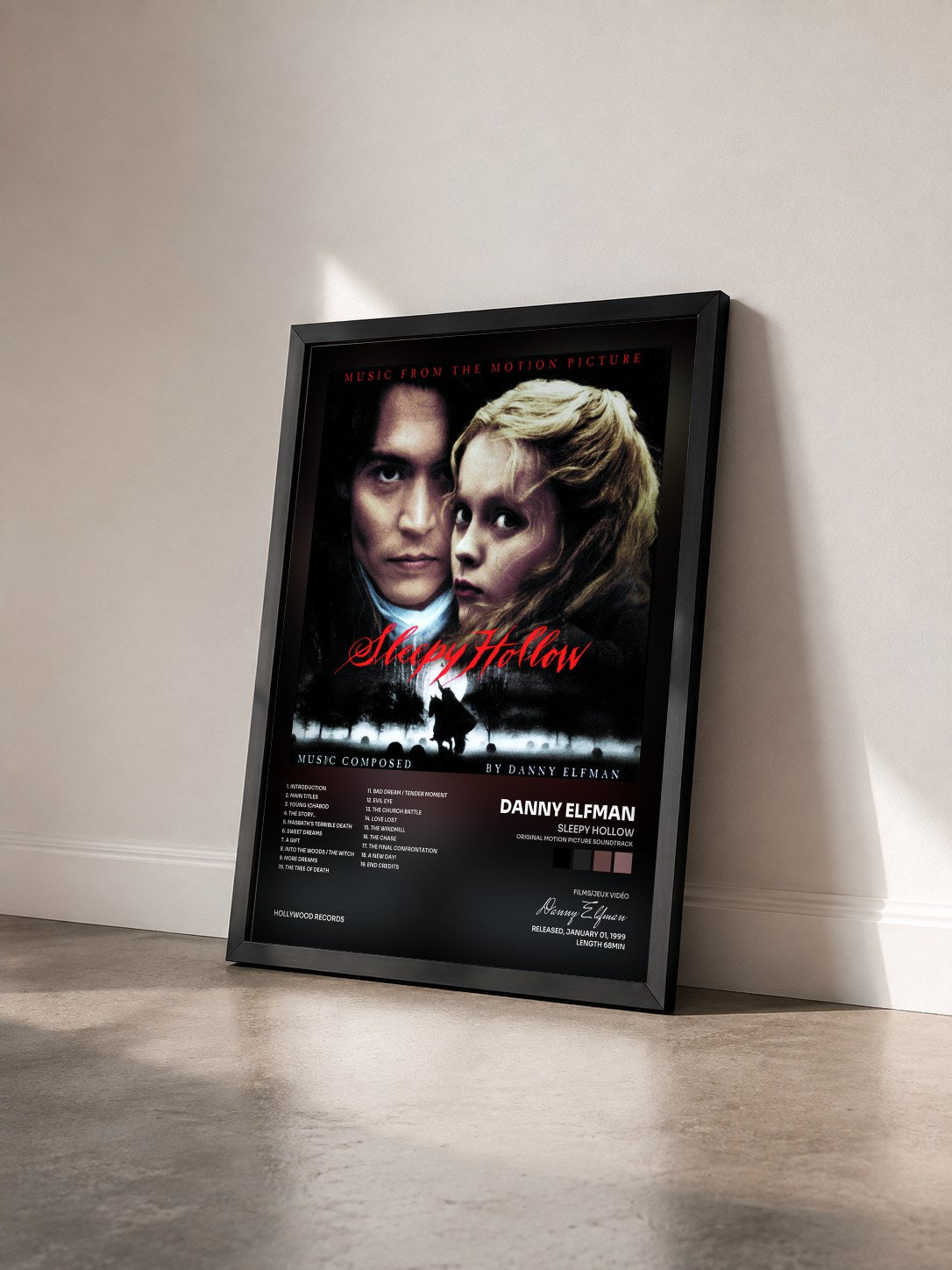 #noir Tableau de l'album Sleepy Hollow (Original Motion Picture Soundtrack) de Danny Elfman vu de trois quarts, cadre noir