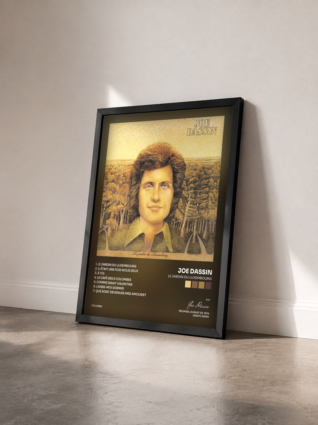 #noir Le Jardin Du Luxembourg by Joe Dassin as a framed art print seen at an angle, black frame